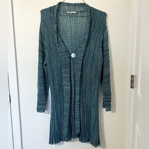 Boho Teal Ribbed Open Front Cardigan Lightweight Duster Sweater Coastal Layering